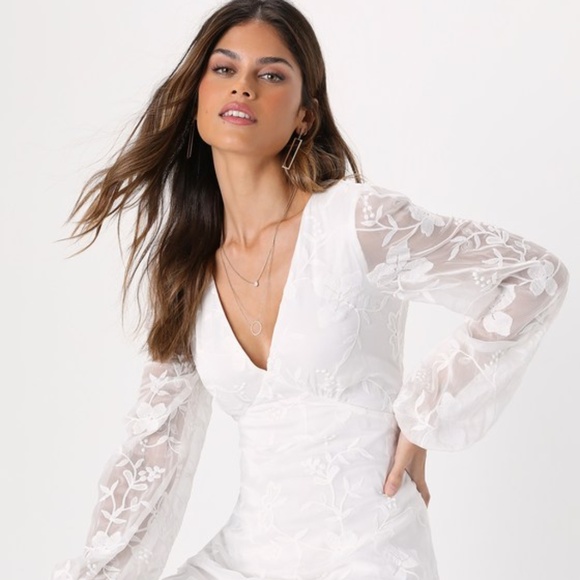 Lulus Angelic Bliss White Embroidered Puff Sleeve Mini Dress - Size L - Picture 1 of 1